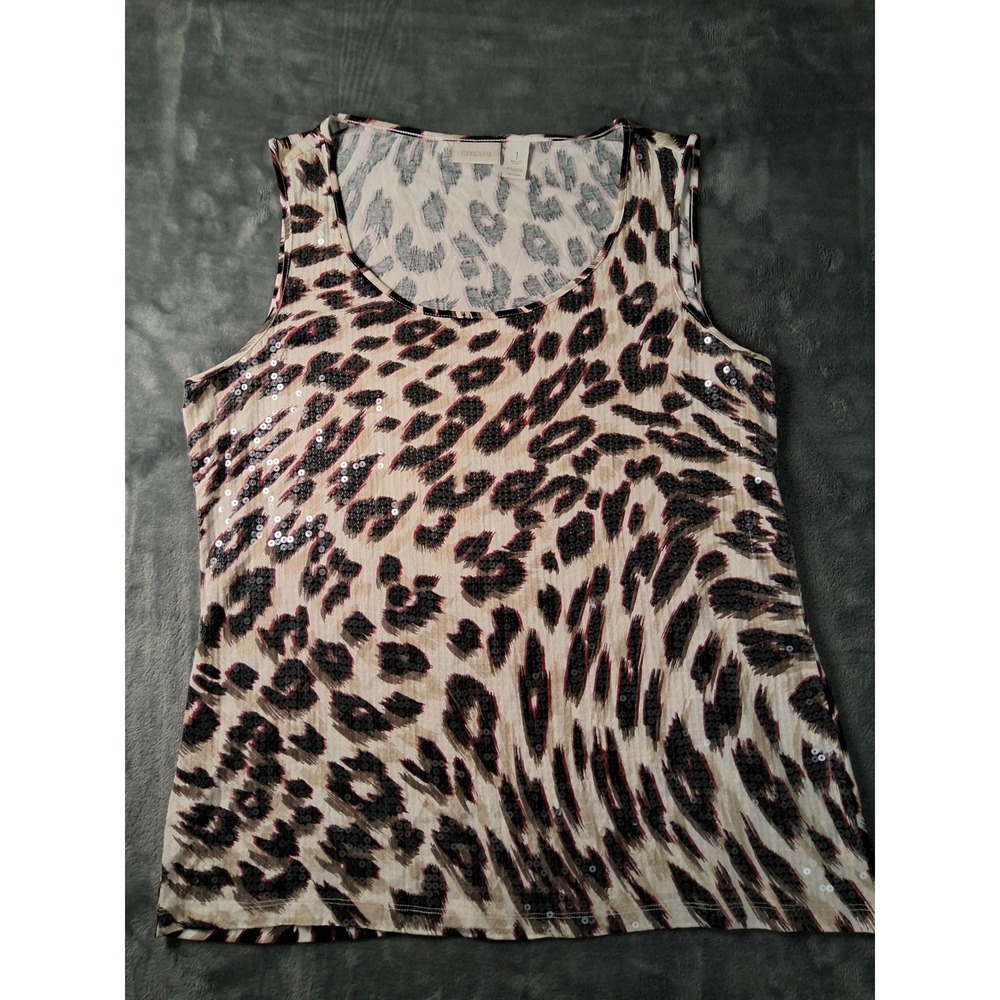Chicos Leopard Print Sequin Tank Top Womens Size 1 Medium Sleeveless Scoop‎ Neck